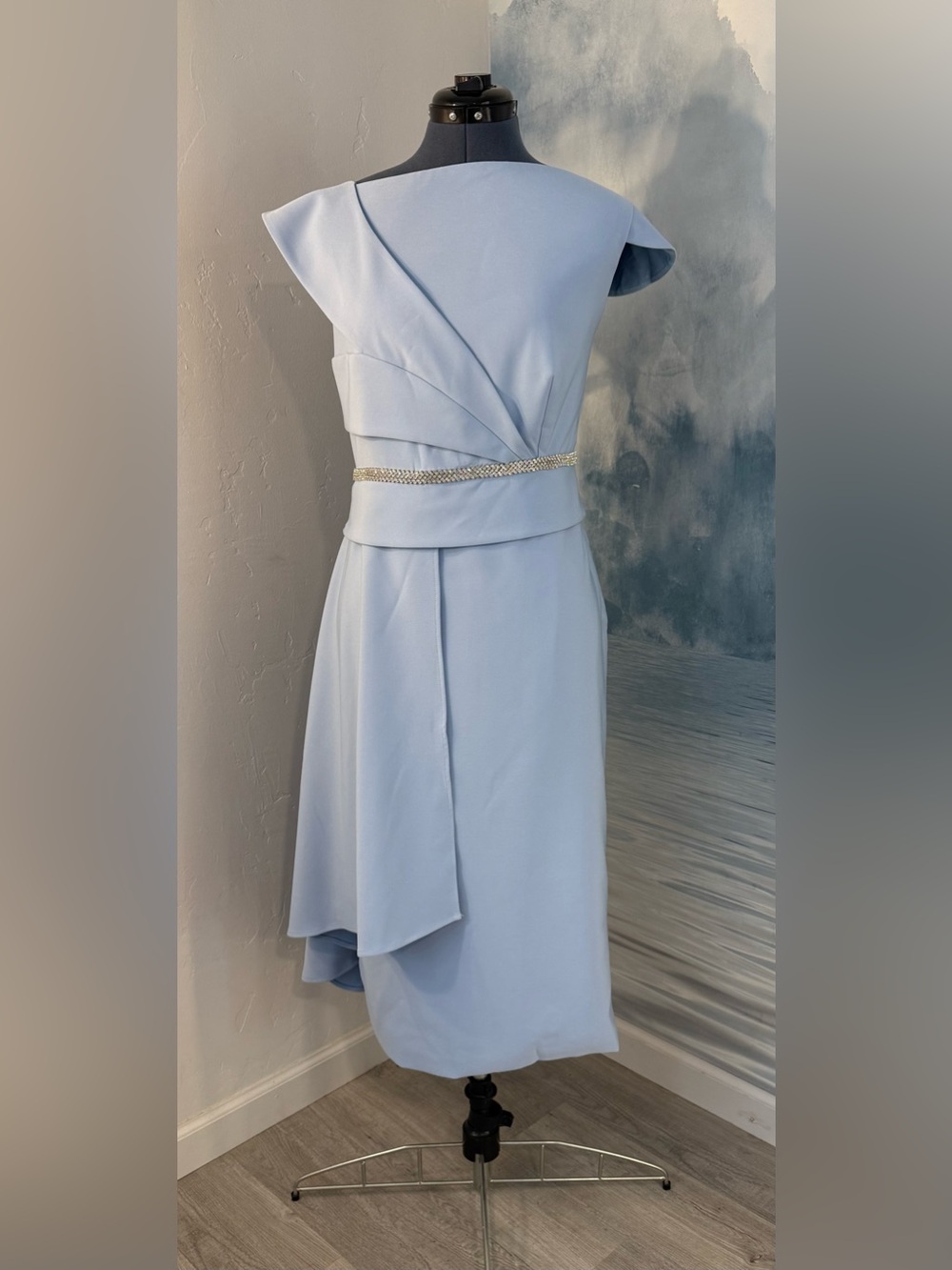 Chic Light Blue Midi Dress with Draped Bodice and Rhinestone Waist